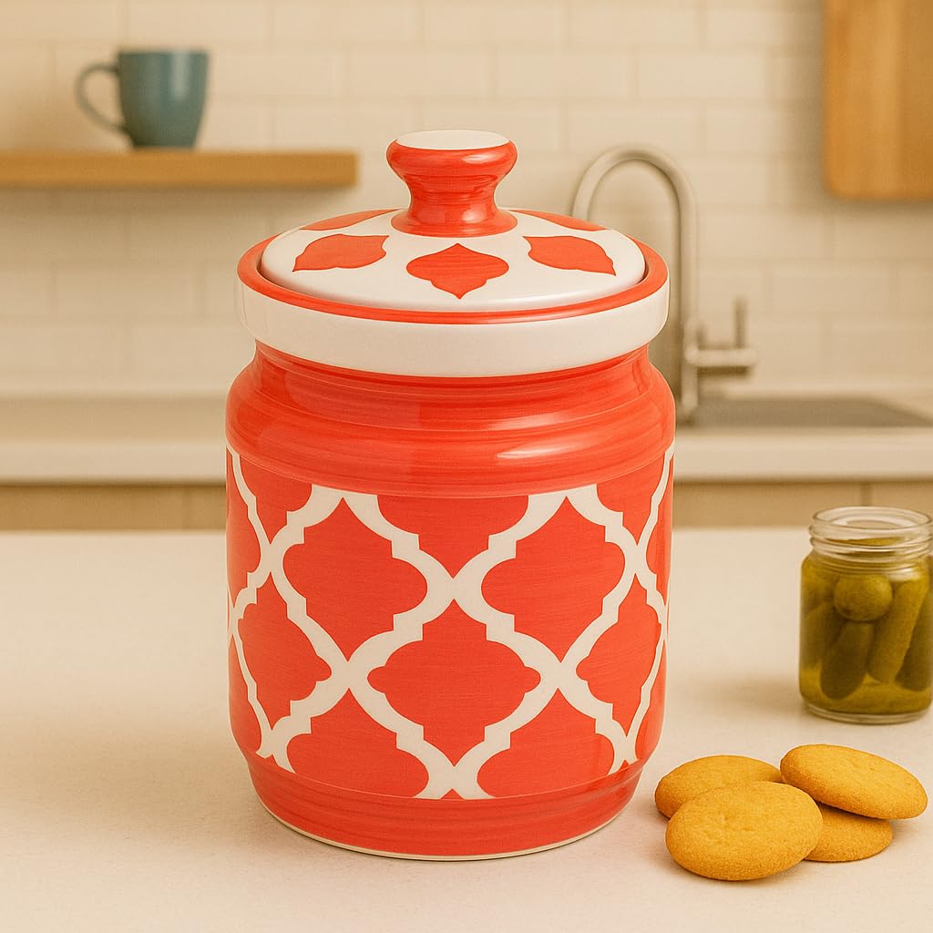 Kunhar Ceramic Jars (1000 ML) – Handcrafted Multipurpose Barni with Lid for Pickle, Chutney, Spices, Salt, Sugar – Kitchen Storage Containers, Red White - Image 2